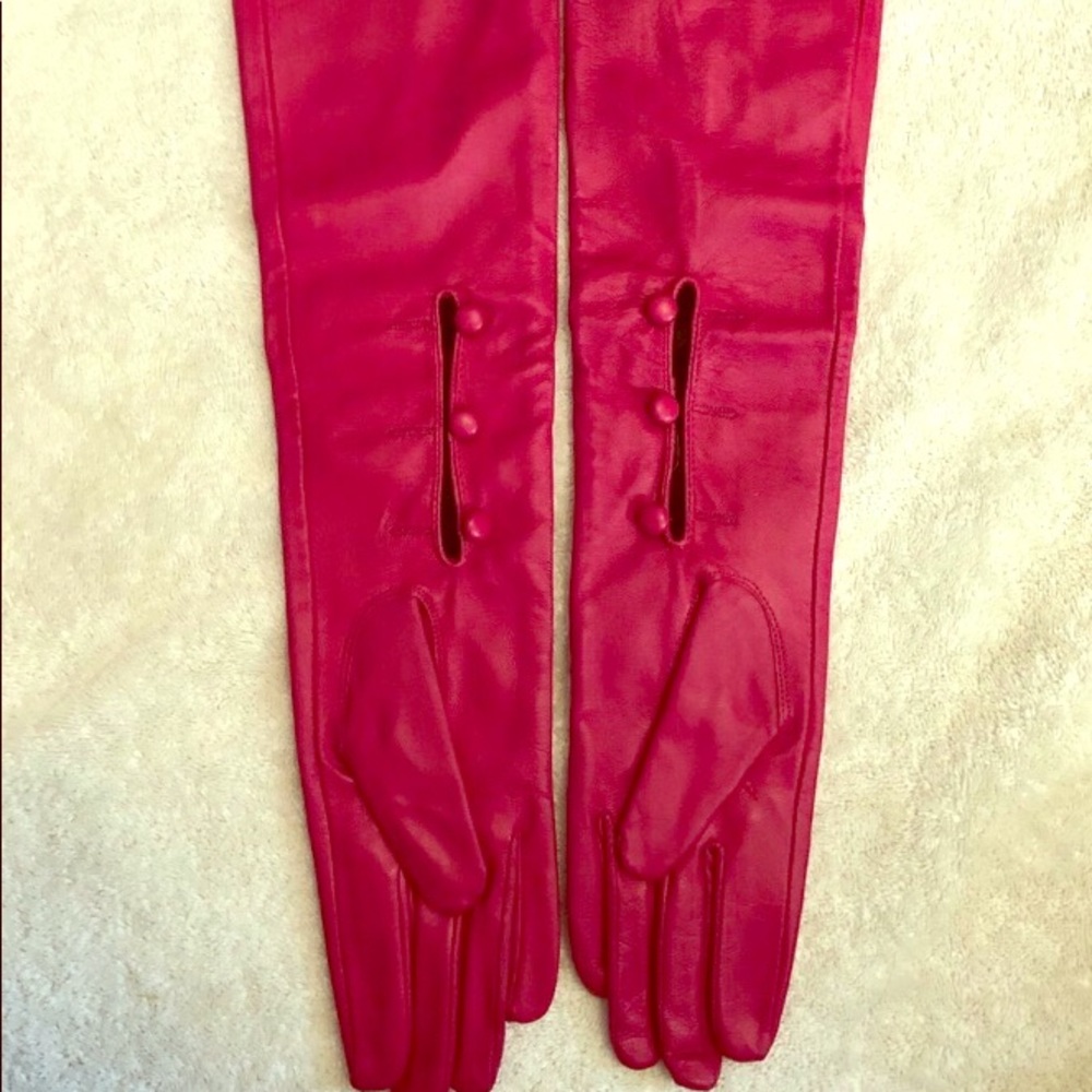Raspberry Opera Length Leather Gloves with Buttons